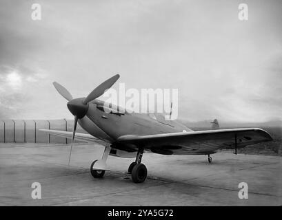 The Supermarine Spitfire Mark III first flown in 1940, was an experimental prototype with Merlin XX engine, a retractable tail-wheel, clipped wings, a redesigned front windscreen, slightly longer fuselage and extra panels which fully covered the undercarriage when retracted. It was used as a test aircraft and pioneered the use of the Merlin 61 engine. The British single-seat fighter aircraft was used by the Royal Air Force and other Allied countries before, during, and after World War II. It was the only British fighter produced continuously throughout the war, albeit in many marks (versions). Stock Photo