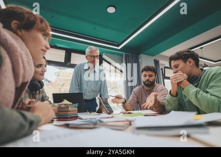 University students collaborating on a project with experienced professor Stock Photo
