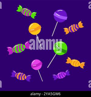 Trick or treat candy collection. Halloween sweets and lollipops. . Vector cartoon treats elements, decoration template. Halloween food icons . Stock Vector
