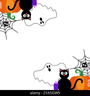 Vector Halloween frame square template for social media with transparent background. Ghosts, pumpkins scary, bat, candies, black cat. spider. Hallowee Stock Vector