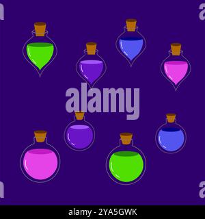 Bottles of potion and objects. Vector icon of magic elixir. Vector design for app user interface. Stock Vector