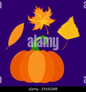 Autumn set of orange colored leaves and pumpkin in a cartoon style on a purple background. Vector halloween and thanksgiving illustration Stock Vector