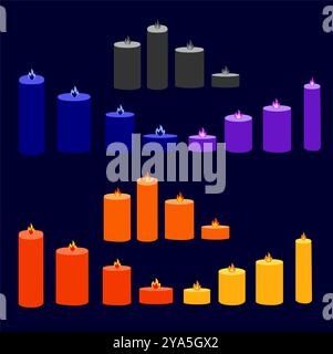 Set of cartoon burning colorful candles on a black background. candles with melting wax, flame. Vector illustration. EPS10. Stock Vector