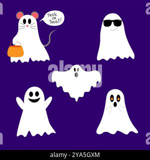 Halloween ghosts set. Boo characters, spooky scary silhouettes in sheets, eerie faces. Creepy spooks, horror shadows. October holiday spirits. Isolate Stock Vector