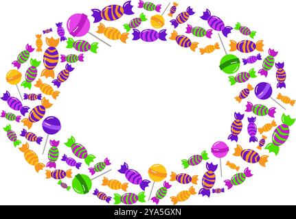 Sweet candy oval frame. Multicolored lollipops, candy. Copy space for text. Vector Cartoon illustration. For candy shop, label, cute kid greeting Stock Vector