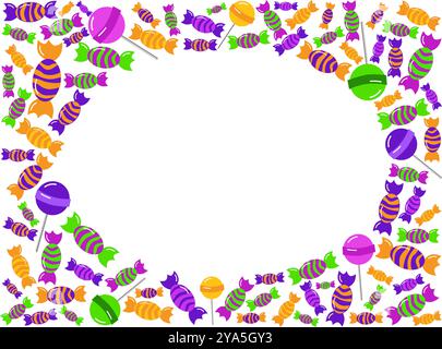 Oval template frame in rectangle for the text. round frame made of sweets and candies and lollypops . card for the happy sweetest day and Halloween. V Stock Vector