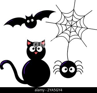 Spooky Halloween element set, Halloween holiday collage, vector black cat, spider, web and bat in cartoon style Stock Vector