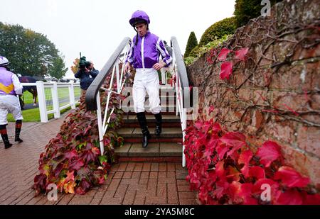 Jockey Ryan Moore heading out before the Emirates Autumn Stakes during Dubai Future Champions Day at Newmarket Racecourse. Picture date: Saturday October 12, 2024. Stock Photo