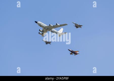 Boeing RC-135W, Saab Gripen, Dassault Mirage & Panavia Tornado, performing a flypast celebrating the 75th anniversary of NATO at RIAT 2024. Stock Photo