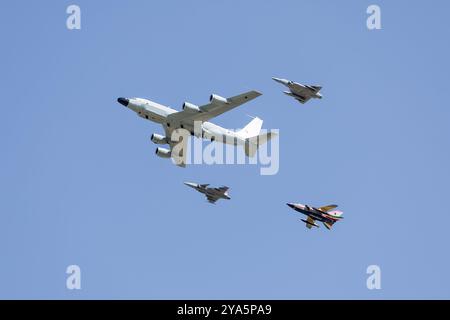 Boeing RC-135W, Saab Gripen, Dassault Mirage & Panavia Tornado, performing a flypast celebrating the 75th anniversary of NATO at RIAT 2024. Stock Photo