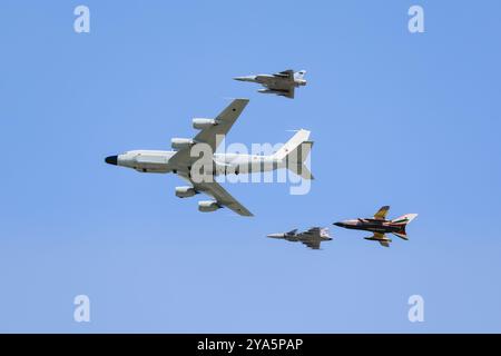 Boeing RC-135W, Saab Gripen, Dassault Mirage & Panavia Tornado, performing a flypast celebrating the 75th anniversary of NATO at RIAT 2024. Stock Photo