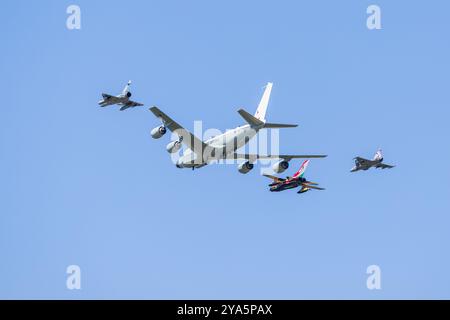 Boeing RC-135W, Saab Gripen, Dassault Mirage & Panavia Tornado, performing a flypast celebrating the 75th anniversary of NATO at RIAT 2024. Stock Photo