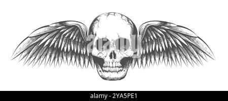 Hand Drawn Tattoo of Human Skull with Wings Isolated on White Background Vector Illustration Stock Vector