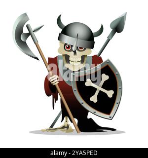 Cartoon Skeleton in Medieval Knight Clothes Isolated on White Background Vector Illustration Stock Vector