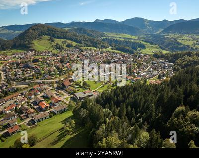 Aerial photo of the village of Oberstaufen in the Allgaeu Alps, Bavaria ...