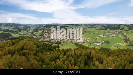 Aerial photo of the village of Oberstaufen in the Allgaeu Alps, Bavaria ...