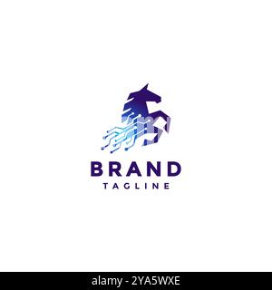 Simple Power Horse Technology Logo Design. Horse With Jumping Gesture With Tech Circuit Accent Logo Design. Stock Vector