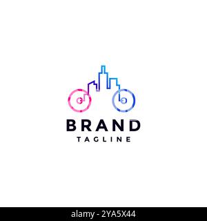 Simple City Line Bike Logo Design. Bike Symbol With City Sky Line Logo Design. Stock Vector