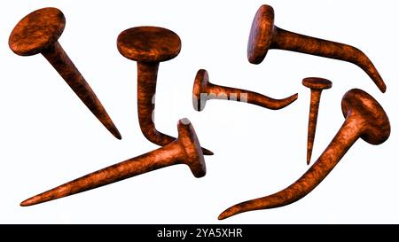 3d rendering of rusty nails against a white background. The nails are covered in rust Stock Photo