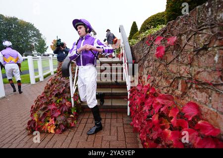 Jockey Ryan Moore heading out before the Emirates Autumn Stakes during Dubai Future Champions Day at Newmarket Racecourse. Picture date: Saturday October 12, 2024. Stock Photo