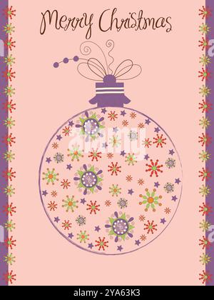 Colorful ornament with a bow on top of it. The ornament is decorated with flowers and stars. The background is pink and has a floral pattern. The mess Stock Vector