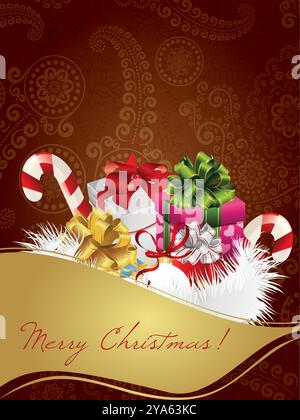 Merry Christmas! A bunch of presents are piled on top of a gold background. The presents are wrapped in red and green ribbons Stock Vector
