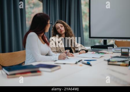 Two students discussing school project in a classroom setting Stock Photo