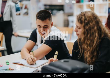 Students collaborating on a project in a classroom setting Stock Photo