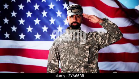 Military US Soldier Saluting Flag. Army Veteran Stock Photo