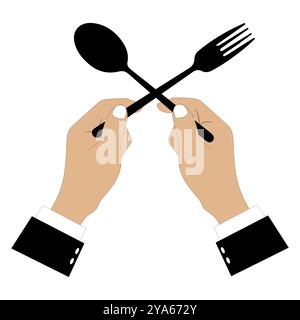 Vector illustration of hands holding a spoon, fork and knife in black. Minimalist design, suitable for food themes, restaurants or other culinary Stock Vector