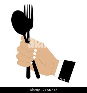 Vector illustration of hands holding a spoon, fork and knife in black. Minimalist design, suitable for food themes, restaurants or other culinary Stock Vector