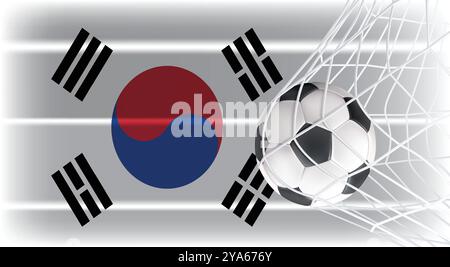 Soccer or Football ball in Goal Net Isolated on South Korea Shaded Flag, Sports Accessory Equipment for Playing Game, Championship Stock Vector