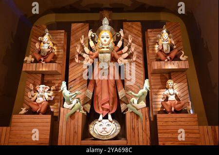 The beautiful idol of Hindu Goddess Devi Durga is decorated in the famous Bengali;s Durga Puja festival pandal at Kolkata, Indika. Stock Photo