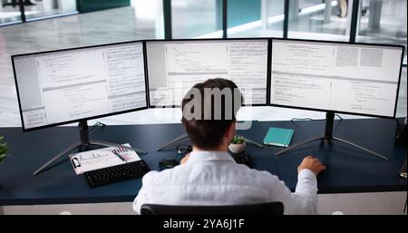 Coder Using Computer At Desk. Web Developer Stock Photo