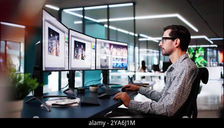 Video Editor Or Designer Using Editing Software Tech On Computer Stock Photo