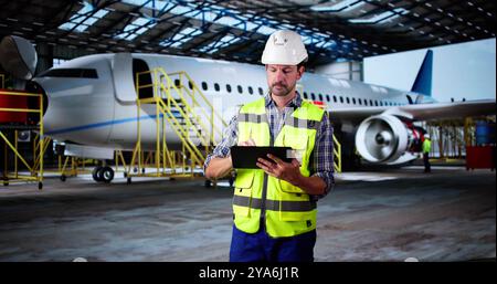 Aviation Aircraft Technician Doing Safety Check Using Tablet Stock Photo