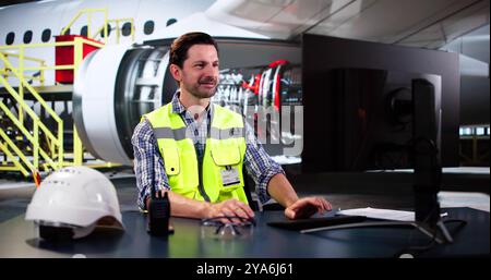 Man Working On Computer At Airport. Aircraft Hangar Safety Check Stock Photo