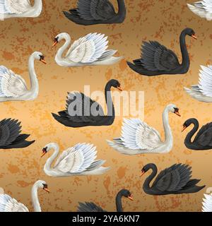 Seamless pattern with black and white swans on the gold background. Vector. Stock Vector