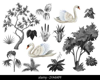 Monochrome trees, plants ans swans isolated. Vector. Stock Vector