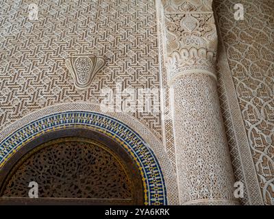 Telouet Kasbah room wall covered in islamic stucco, Morcocco Stock Photo