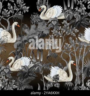 Seamless pattern with white swans and plants on the dark gold background. Vector. Stock Vector