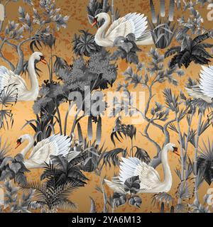 Seamless pattern with white swans and plants on the gold background. Vector. Stock Vector