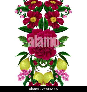 Seamless pattern with peonies, lemons and other flowers. Vector. Stock Vector