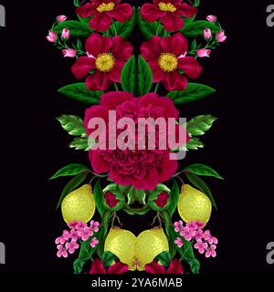 Seamless pattern with peonies, lemons and other flowers. Vector. Stock Vector
