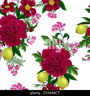 Seamless pattern with peonies, lemons and other flowers. Vector. Stock Vector
