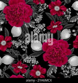 Seamless pattern with peonies, lemons and other flowers. Vector. Stock Vector