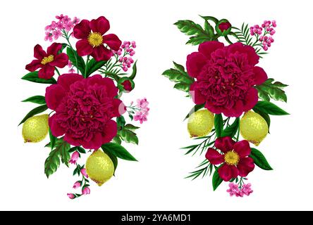 Peonies, lemons and other flowers isolated. Vector. Stock Vector