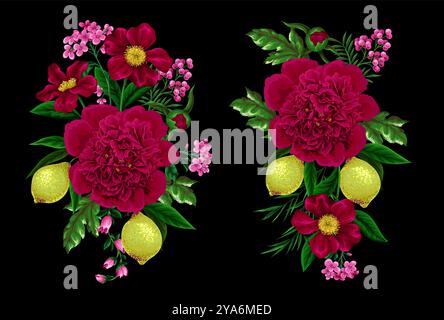 Peonies, lemons and other flowers isolated. Vector. Stock Vector