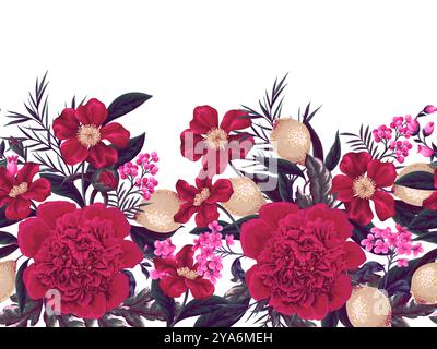 Border with peonies, lemons and other flowers. Vector. Stock Vector