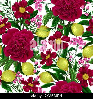 Seamless pattern with peonies, lemons and other flowers. Vector. Stock Vector